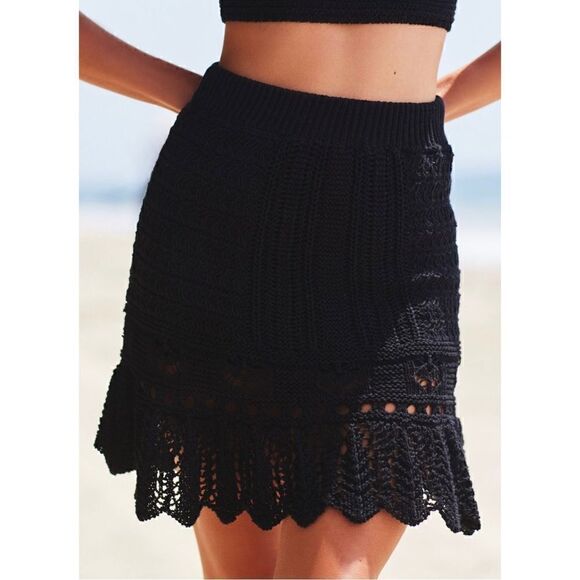 NEW Anthropologie Black Knit Crochet Cropped Bra Top & Pull-On Skirt Set Medium - Picture 3 of 6